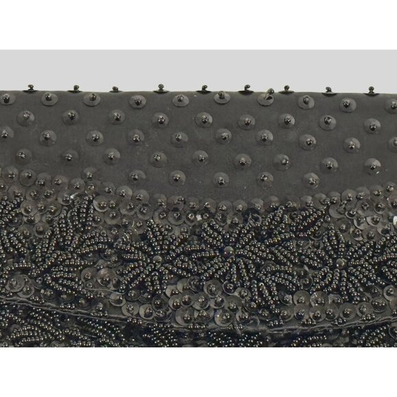 Vtg Black Beaded Satin Evening Clutch Micro Bead Flowers Snap Close Hong Kong - Picture 6 of 11